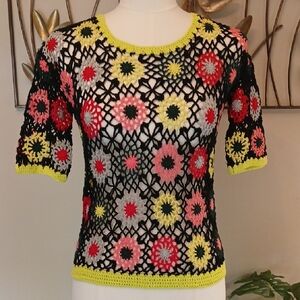 Zara Black Yellow and Pink Crochet Top - NWT